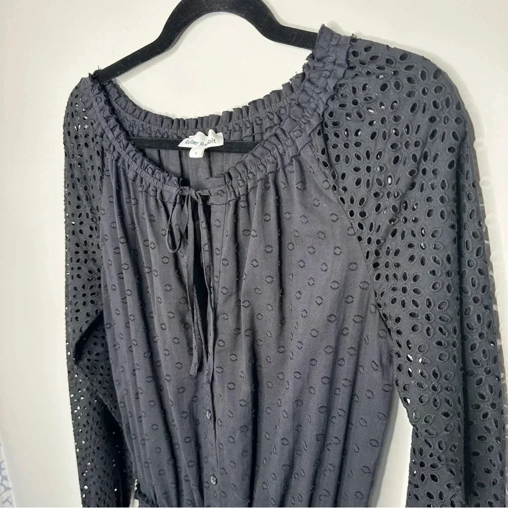 Roller Rabbit The Arista Black Eyelet Mini Dress Size Small Cotton Neutral‎